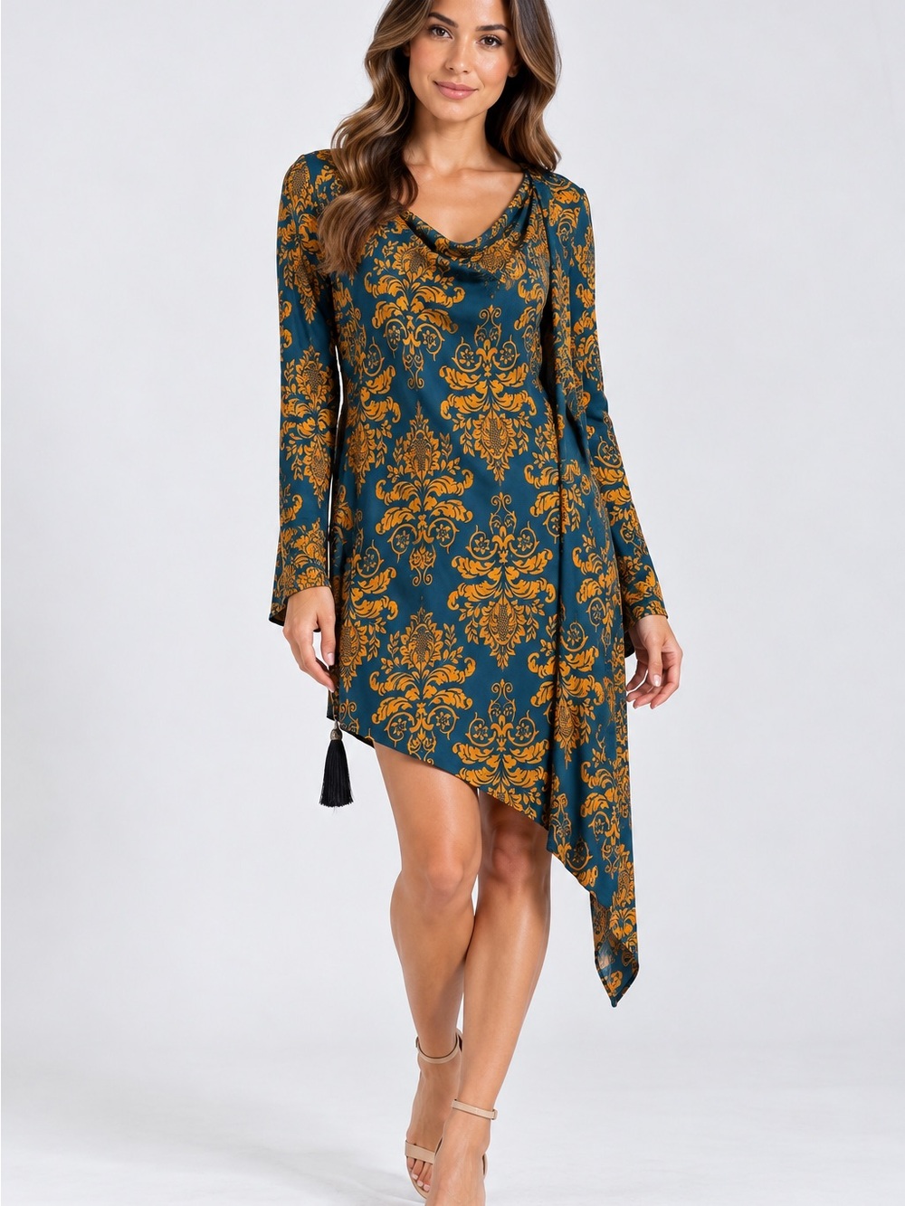 Teal and Gold Asymmetric Cowl-Neck Dress